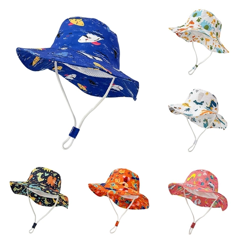 Kids Sun Bucket Hat Cotton Polyester Breathable Mesh Lining Wide Brim Adjustable Chin Strap Cartoon Print Outdoor Beach