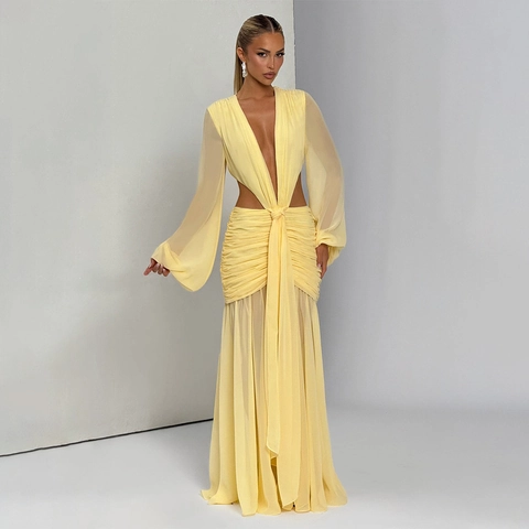 Sexy Deep V Neck Hollow Out Chiffon Maxi Dress For Women Long Sleeve Pleated Backless Lace Up Solid Color Summer Streetwear