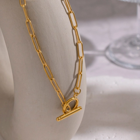 Collier Chaîne Trombone Plaqué Or 18K Acier Inoxydable 304 Fermoir T Minimaliste Bijoux Étanches