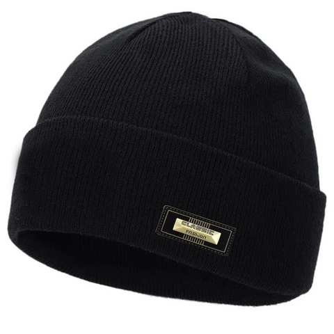 Knit Beanie Hat Acrylic Warm Winter Ribbed Cuffed Cap With Metal Patch Urban Streetwear For Men Women