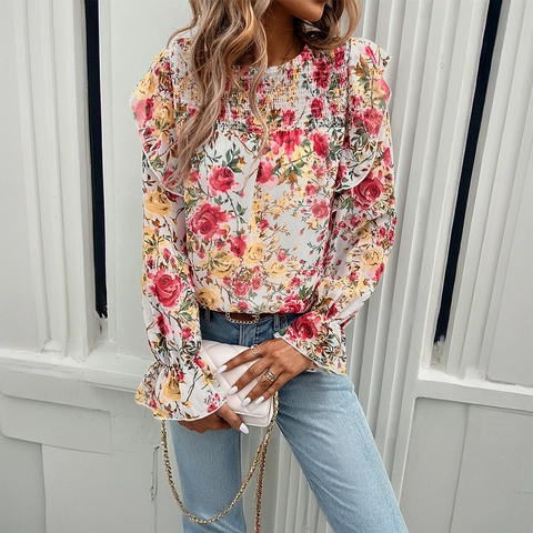Damen Bluse Chiffon Blumendruck Smok Rundhals Rüschen Langarm Lässig Elegant Pendler Pullover Oberteil