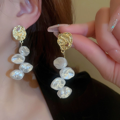 Baroque Imitation Artificial Pearl Drop Earrings Alloy Pleated Geometric Dangle Jewelry With 925 Sterling Silver Earring Post Women