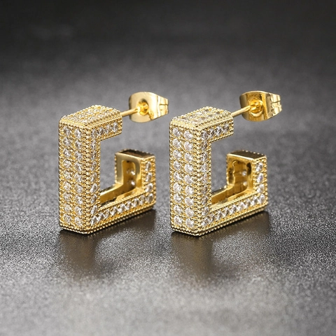 Square C Shaped Stud Earrings Copper Micro Pave Zircon Iced Out Geometric Hip Hop Jewelry Unisex Gold Plated