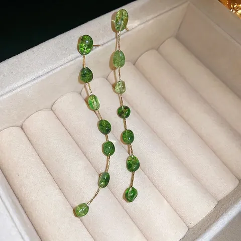 Long Tassel Dangling Earrings Green Irregular Glass Beads Gold Plated Alloy And 925 Sterling Silver Earring Post