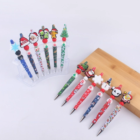 Stylo Bille À Perles De Noël Silicone Dessin Animé Père Noël Bonhomme De Neige Flocon De Neige Perles Décoratives Papeterie Cadeau