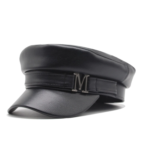 Women PU Leather Newsboy Cap Metal M Buckle Captain Hat Retro Flat Top Beret Adjustable Solid Color