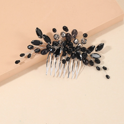 Pettine Per Capelli Da Sposa Fatto A Mano Con Cristallo Di Ossidiana Nera E Strass Design Foglia Filo Metallico Argento