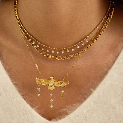 Collar de Borla con Colgante de Águila de Acero Inoxidable para Mujer Chapado en Oro Zirconia Cadena Impermeable Joyería Hipoalergénica