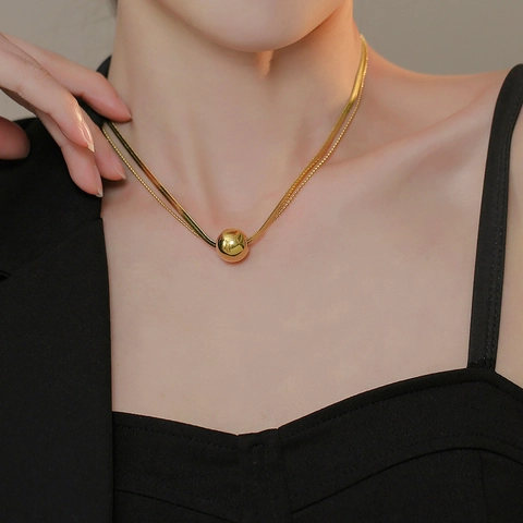 Double Layer Necklace Stainless Steel Gold Plated Round Ball Pendant Snake Bead Chain Minimalist Jewelry For Women