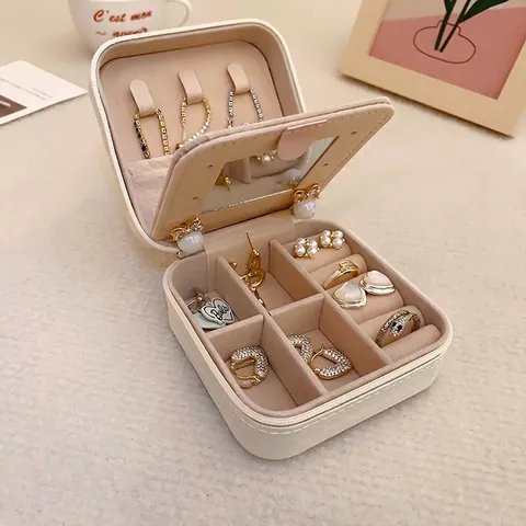 Portable Mini Jewelry Box PU Leather Square Travel Storage Case With Mirror And Zipper For Rings Earrings Necklaces
