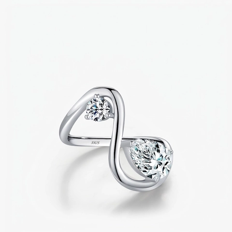 925 Sterling Silver Ring For Women Shiny Pear Round Zircon S Shaped Wave Double Stone Minimalist Elegant Jewelry Gift