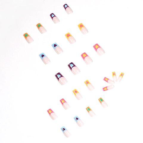 French Rainbow Herz Press On Nägel Eckige Tragbare Falsche Nägel Für Frauen Süßer Stil
