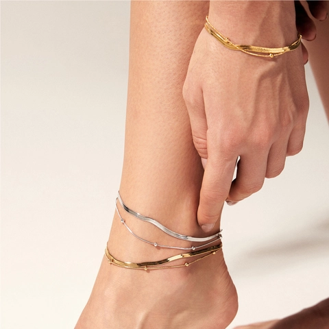 Stainless Steel Double Layer Flat Snake Bone Chain Round Bead Jewelry Set For Women Gold Silver Plated Necklace Bracelet