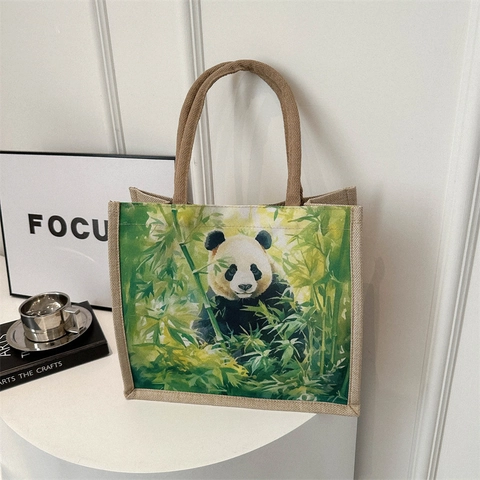 Borsa Tote Etnica Donna Cotone Lino Ricamato Motivo Panda Farfalla Borsa A Mano Retrò Viaggio Spalla Manico Corda