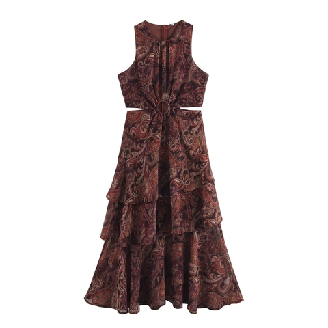 Paisley Print Halfter Maxi Kleid Für Damen Chiffon Ausschnitt Gestuftes Rüschen Retro Böhmischen Urlaubsstil