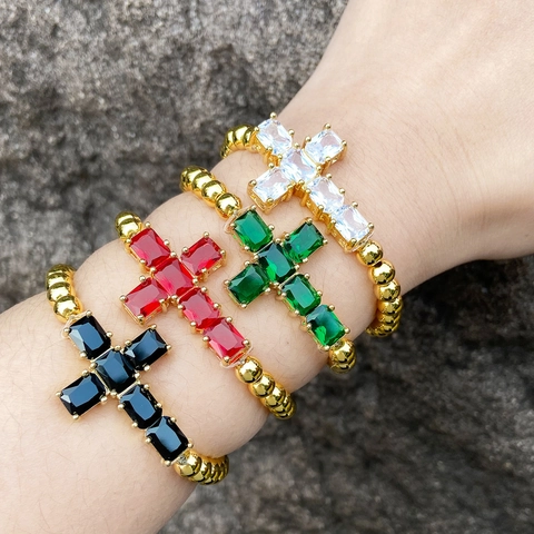Copper Gold Plated Beaded Bracelet With Colorful Zircon Cross Pendant Religious Elastic Fashion Jewelry For Women