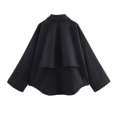 Women Loose Zipper Jacket Solid Color Lapel Long Sleeve Cape Silhouette Coat Autumn Winter Street Style Outerwear