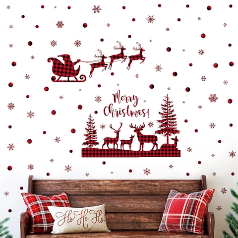 Christmas Buffalo Plaid Wall Stickers Red Reindeer Santa Claus Snowflake Decals Festive Holiday Home Decor PVC Sticker Set
