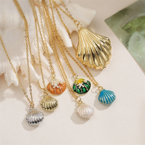 Shell Pendant Necklace Copper Enamel Starfish Artificial Pearl Marine Style Jewelry For Women Retro Beach Clavicle Chain