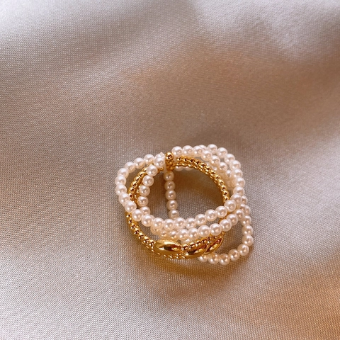 Multi Layer Beaded Ring Faux Artificial Pearl Gold Plated Adjustable Open French Retro Elegant Jewelry For Women