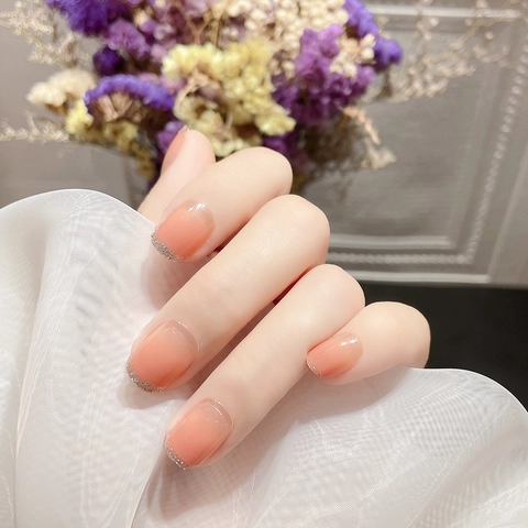 Unghie Finte Press On Sfumato Francese Corte Tonde Rosa Con Polvere Glitter Elegante Manicure Rimovibile Per Donne