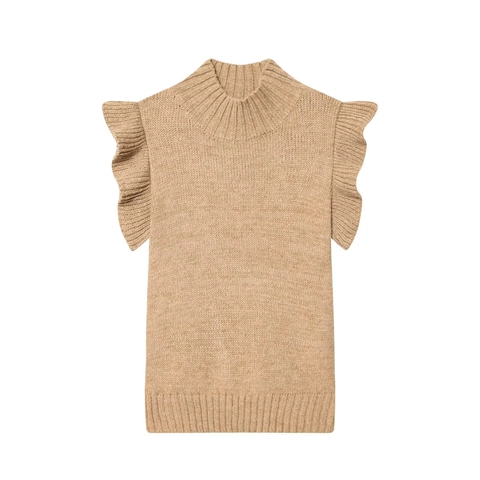 Women Knit Tank Top High Neck Sleeveless Ruffle Sleeve Slim Fit Camel Elegant Casual Polyester Knitted Vest Shirt