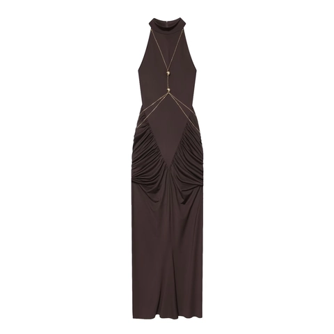 Halfter Nacken Maxikleid Damen Gerafft Eng Anliegend Ärmellos Schokoladenbraun Polyester Goldene Kette Taille Dekor