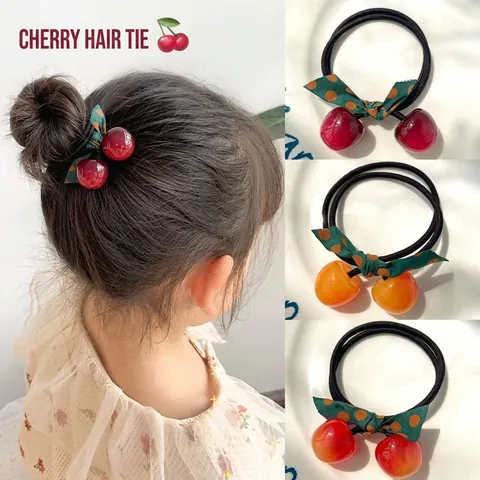 Chouchous Cerise Mignons Avec Pendentif Fruits En Acrylique Et Nœud À Pois Élastique Décoration Douce Pour Filles Enfants