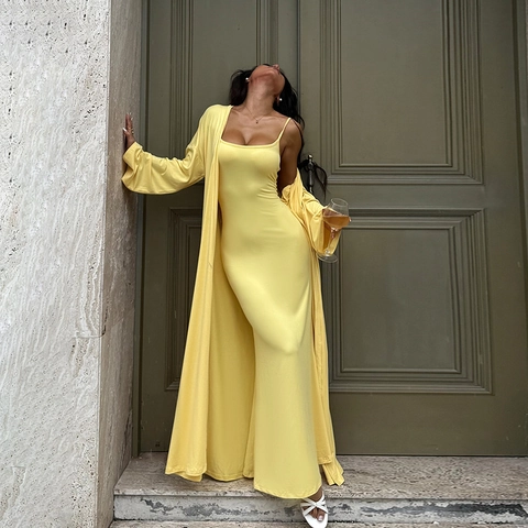 Vestido Ajustado De Punto Con Tirantes Y Cárdigan De Manga Larga Color Sólido Sexy Para Mujer Streetwear
