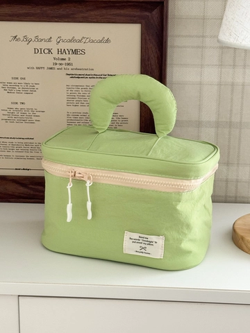 Large Capacity Makeup Bag Portable Nylon Toiletries Organizer Handle Double Zipper Simple Solid Color Travel Pouch
