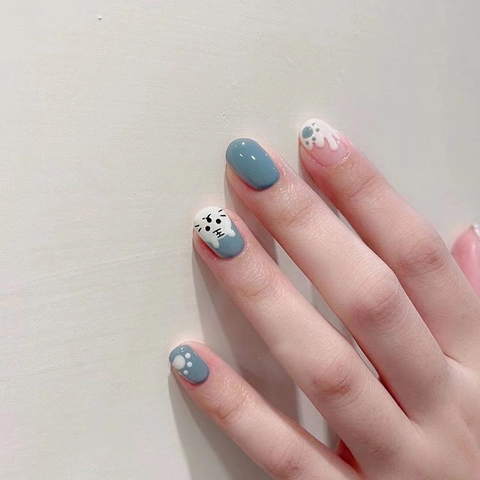 Unghie Finte A Pressione Tigre Cartone Animato Impronte Di Gatto Lucido Blu Rosa Unghie Artificiali Corte DIY Manicure
