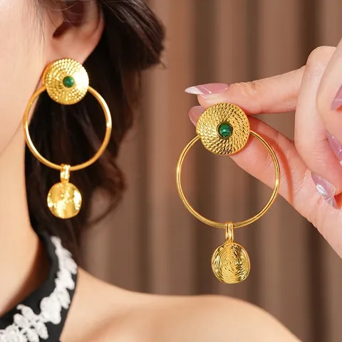 Orecchini Pendenti Tondi In Malachite Rame Con Perno In Argento Geometrico Texturizzato Bohemien Per Donne