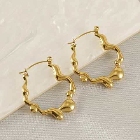 Irregular Hoop Earrings 18K Gold Plated Stainless Steel Asymmetric Molten Texture Geometric Vintage Style For Women