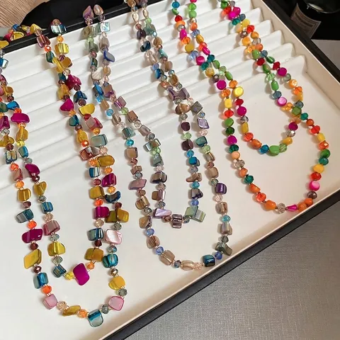 Collar De Cuentas De Concha Y Cristal Multicolor Irregular Cadena Larga Estilo Bohemio Vintage Para Mujer