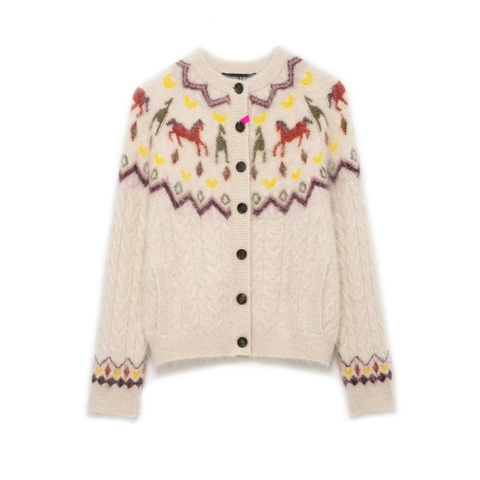 Women Vintage Knitted Cardigan Sweater Round Neck Long Sleeve Fuzzy Mohair Style Button Up Horse Jacquard Pattern Retro