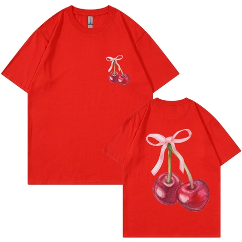 Maglietta In Cotone Girocollo Maniche Corte Stampa Fiocco Ciliegia Acquerello Casual Vestibilità Ampia Top Uomini Donne