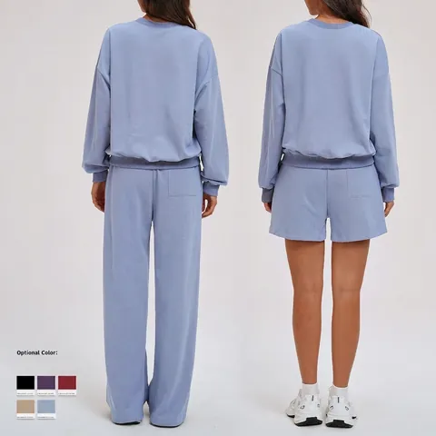 Women Round Neck Long Sleeve Hoodie And Wide Leg Pants Shorts Outfits Cotton Polyester Blend Casual Solid Color