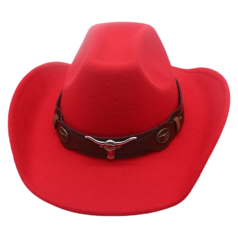 Western Cowboy Hat Felt Wide Brim With Leather Band Metal Bull Head Longhorn Decor Vintage Sun Shade Unisex
