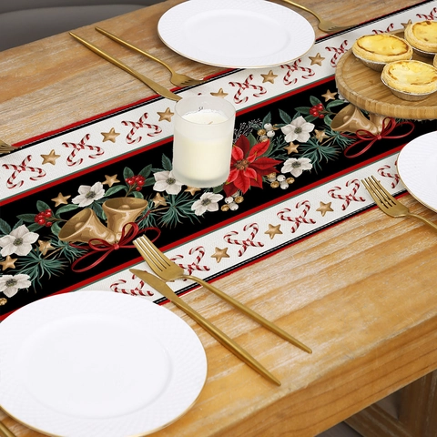 Christmas Table Runner Linen Texture Poinsettia Pine Cones Printed Festive Dining Table Decoration Home Party Holiday