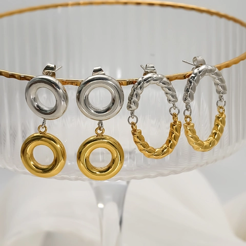Orecchini A Cerchio Geometrici Bicolore Placcato Oro 18K Acciaio Inossidabile 304 Corda Intrecciata Doppio Cerchio Donna