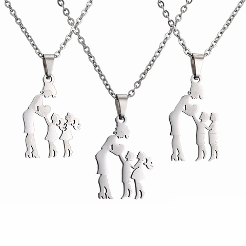 Stainless Steel Mother Child Pendant Necklace Heart Family Silhouette Jewelry Gift For Women