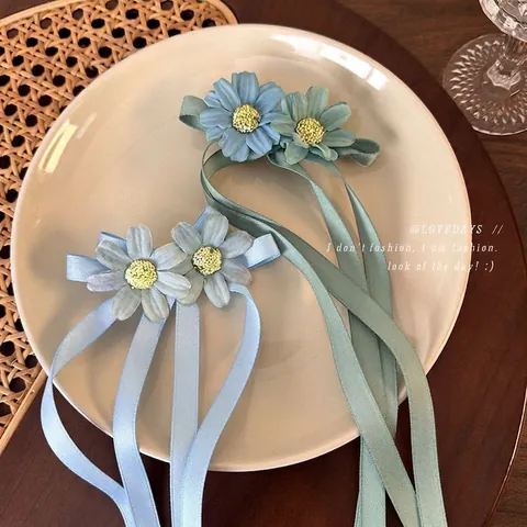 Madeliefje Bloem Haarklem Met Lang Lint Satijn Stof Zoete Frisse Stijl Eendenbek Clip Voor Meisjes Vrouwen