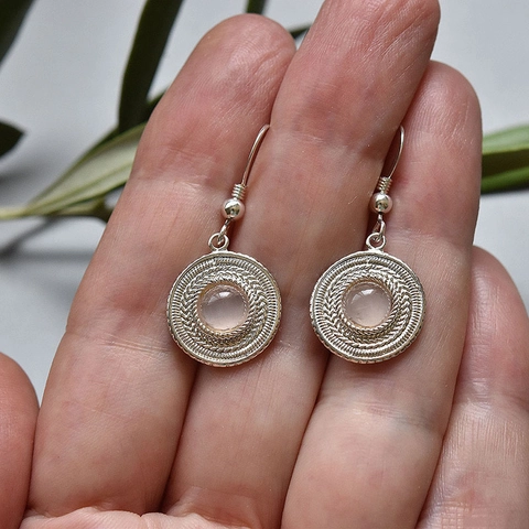 Boucles D'oreilles Pendantes Rondes Vintage Avec Pierre De Quartz Rose Texture Tressée Alliage Argenté Pour Femmes Bijoux Boho
