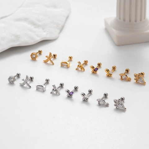 Stainless Steel Butterfly Zircon Cartilage Stud Earring With Screw Ball Back Piercing Jewelry For Women Fashion