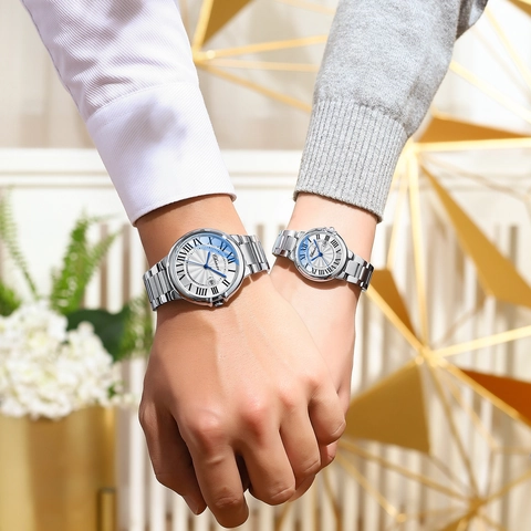 Orologi al Quarzo di Coppia Chenxi Impermeabili Luminosi Calendario Cinturino in Acciaio Inossidabile Numeri Romani Business