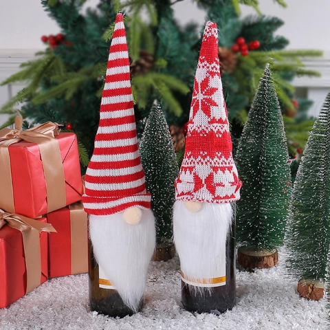 Christmas Wine Bottle Cover Gnome Faceless Doll Knitted Hat Faux Fur Beard Holiday Table Dining Party Decoration