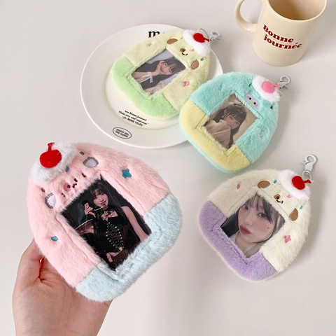 Süßer Plüsch Fotokartenhalter Cartoon Dessert Form Weicher Pelziger Kartenschutz Mit Schlüsselanhänger Haken Für Idolfotos Kawaii