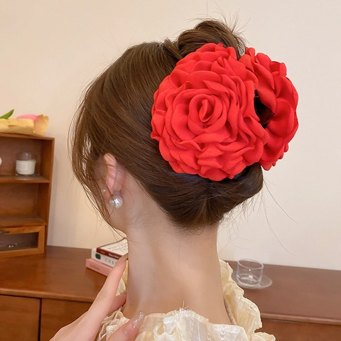 Grande Molletta Per Capelli Rosa In Tessuto Elegante Retro Shark Clip Accessorio Per Capelli Floreale Per Donne
