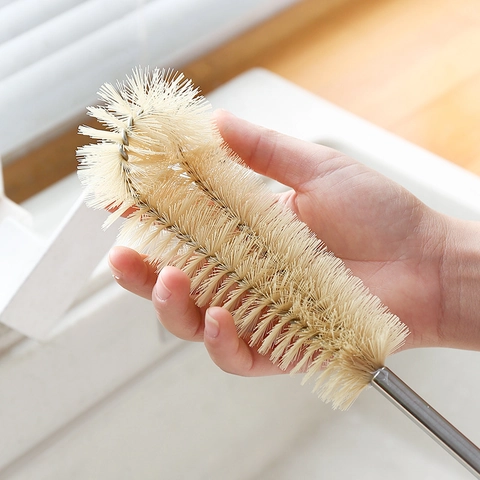 Long Handle Bottle Brush Wooden Handle Stainless Steel Rod Nylon Bristles L-Shaped Scrubber For Vases Baby Bottles Deep Cleaning