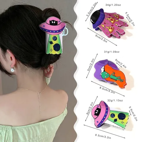 Funny UFO Alien Pizza Acrylic Hair Claw Clip For Women Halloween Quirky Large Shark Hair Accessory Y2K Streetwear